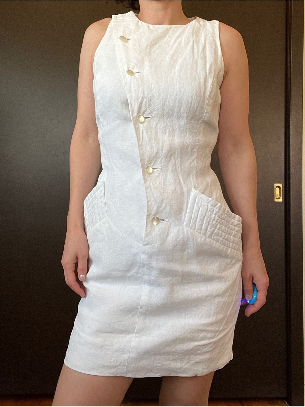 Vintage White Linen Mini dress with Quilted Side Pockets